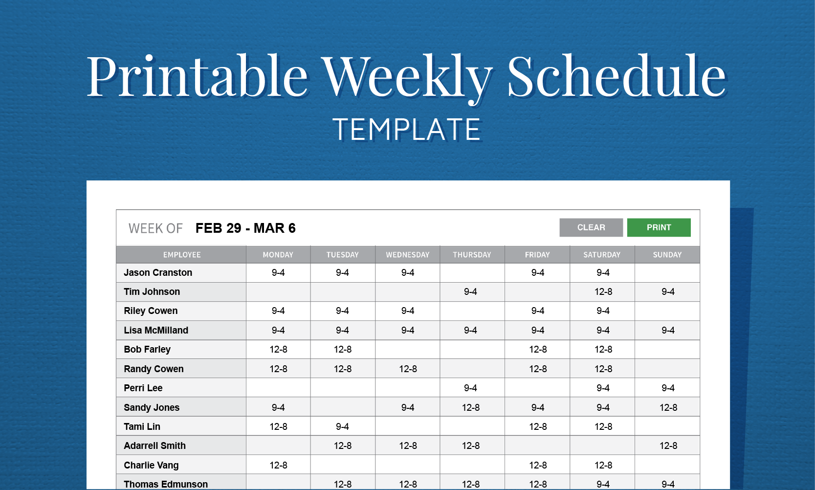 Free Printable Weekly Work Schedule Template For Employee 