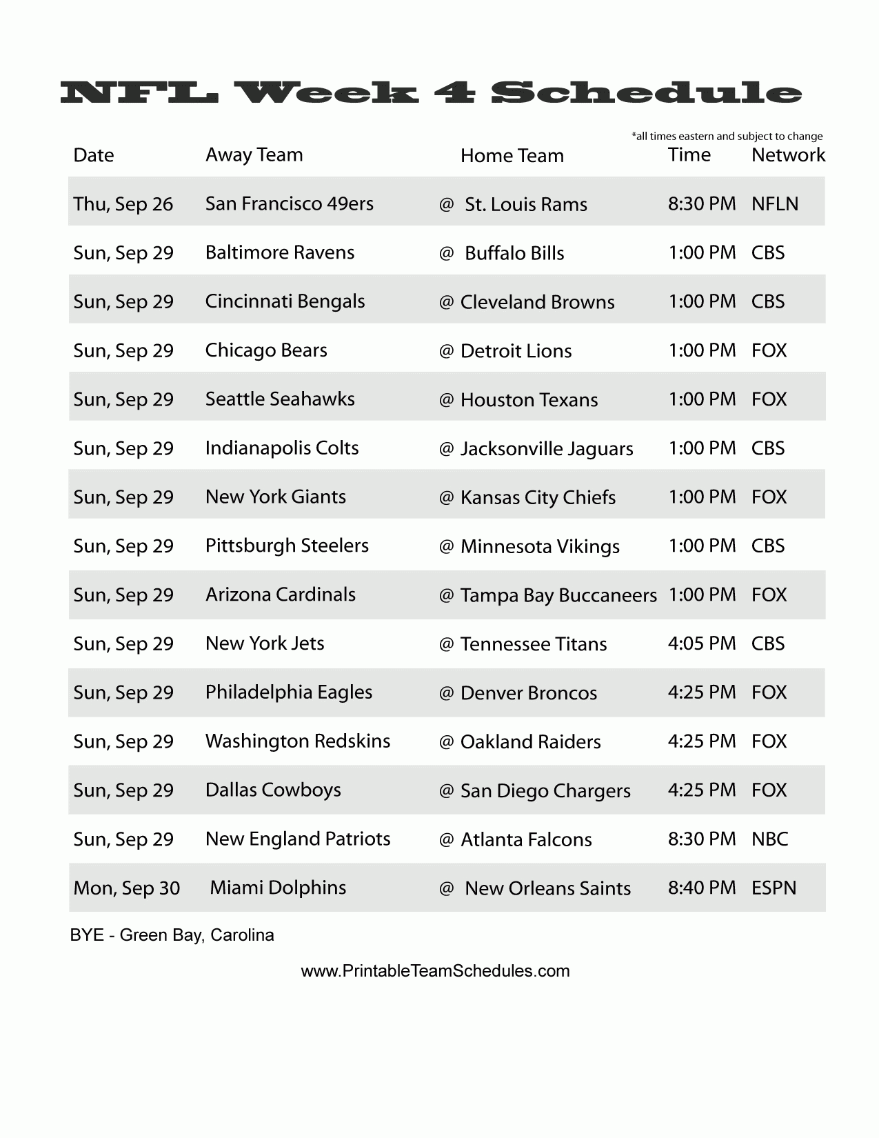 Get Printable Nfl Schedule By Week Calendar Printables 