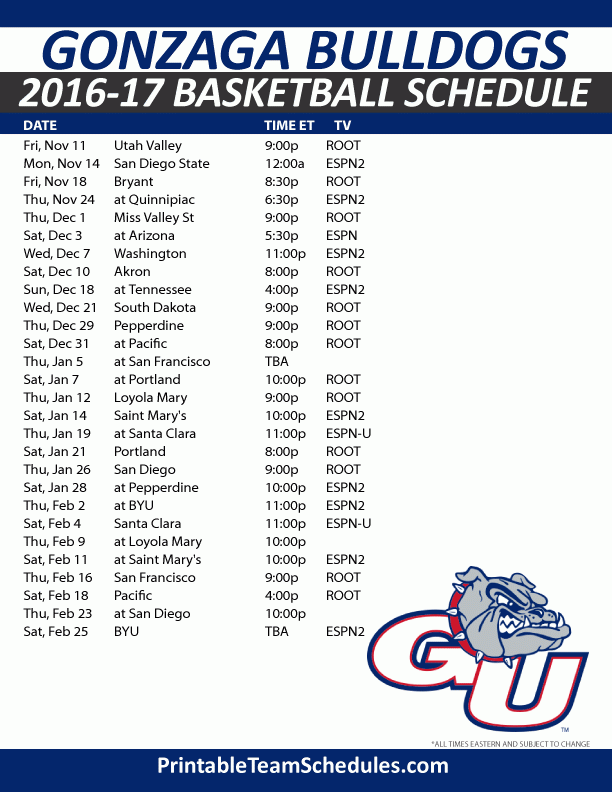 Gonzaga Bulldogs Basketball Schedule 2016 17 Print Here 