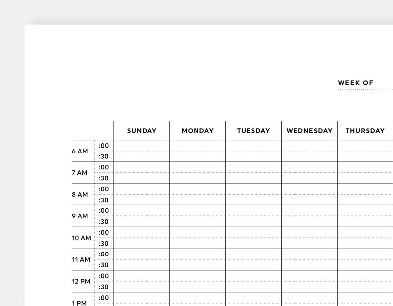 Half Hour Weekly Schedule Printable Half Hour Daily