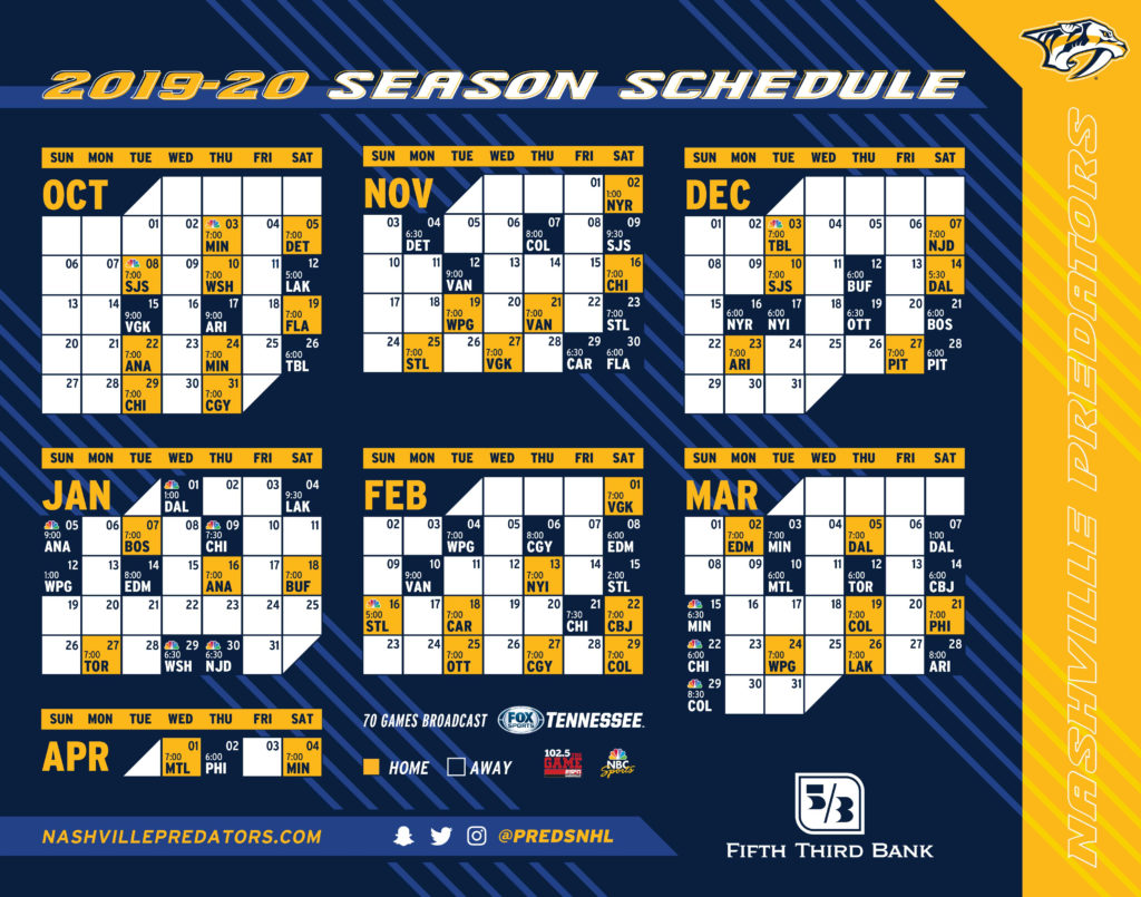 High Rez JPG Calendar Of The Nashville Predators 2019