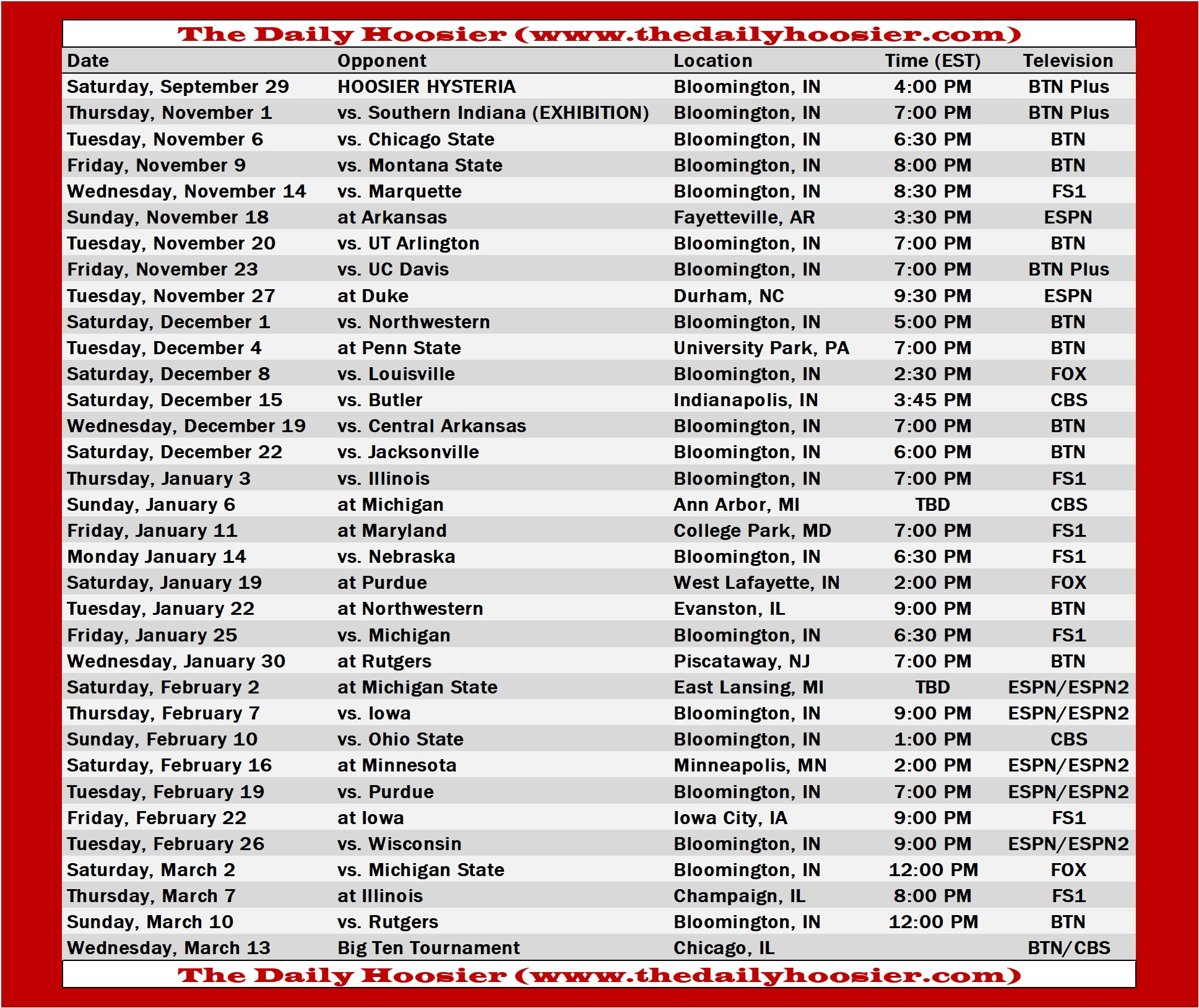 Indiana Basketball 2018 19 Schedule TV Tip Times And 