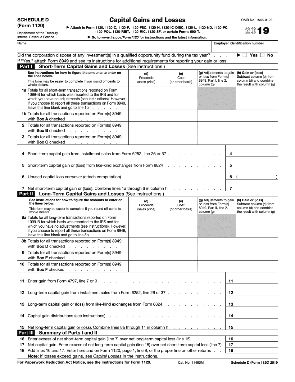 IRS Form 1120 Schedule D 2019 Printable Fillable 