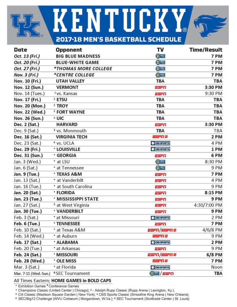 Kentucky Basketball Schedule 2017 18 TV Times And