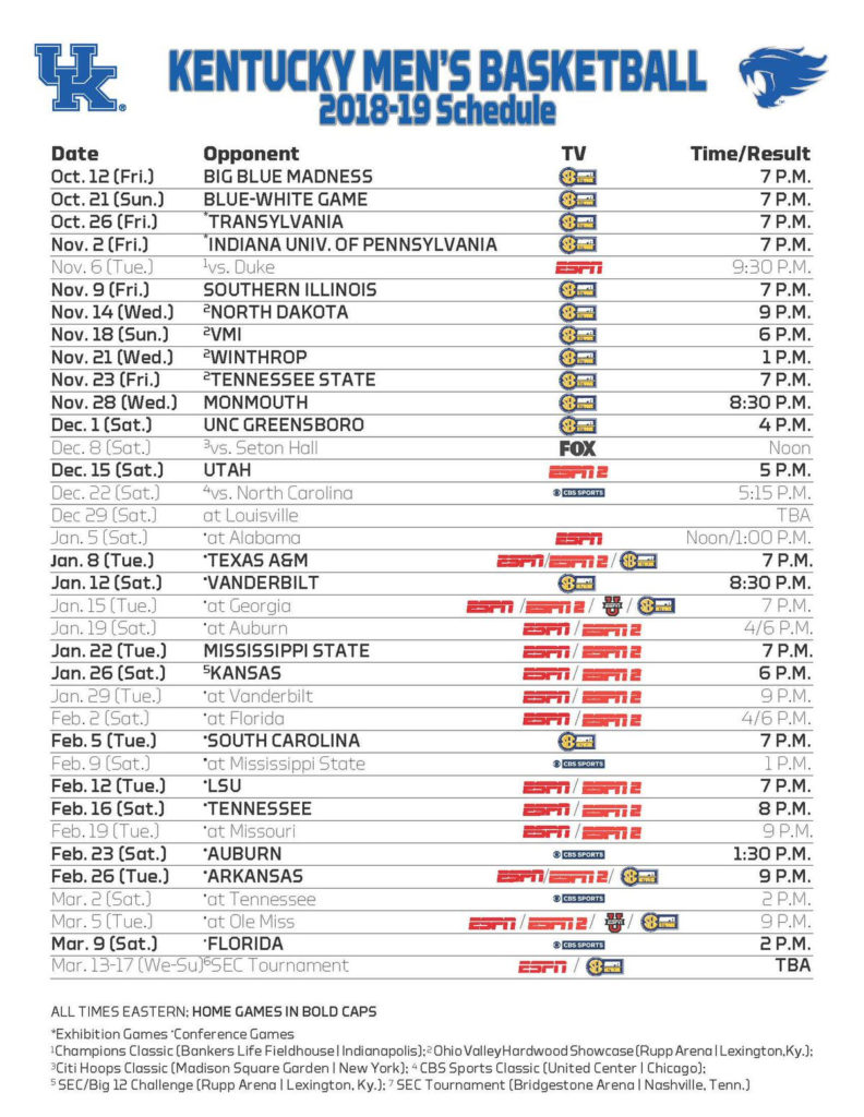 Uk Men's Basketball Schedule 2021 22 Printable