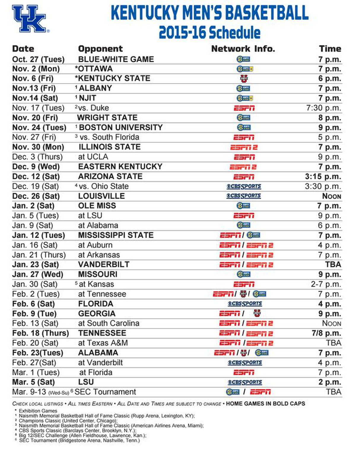 Kentucky Wildcats Basketball Full 2015 16 Schedule 