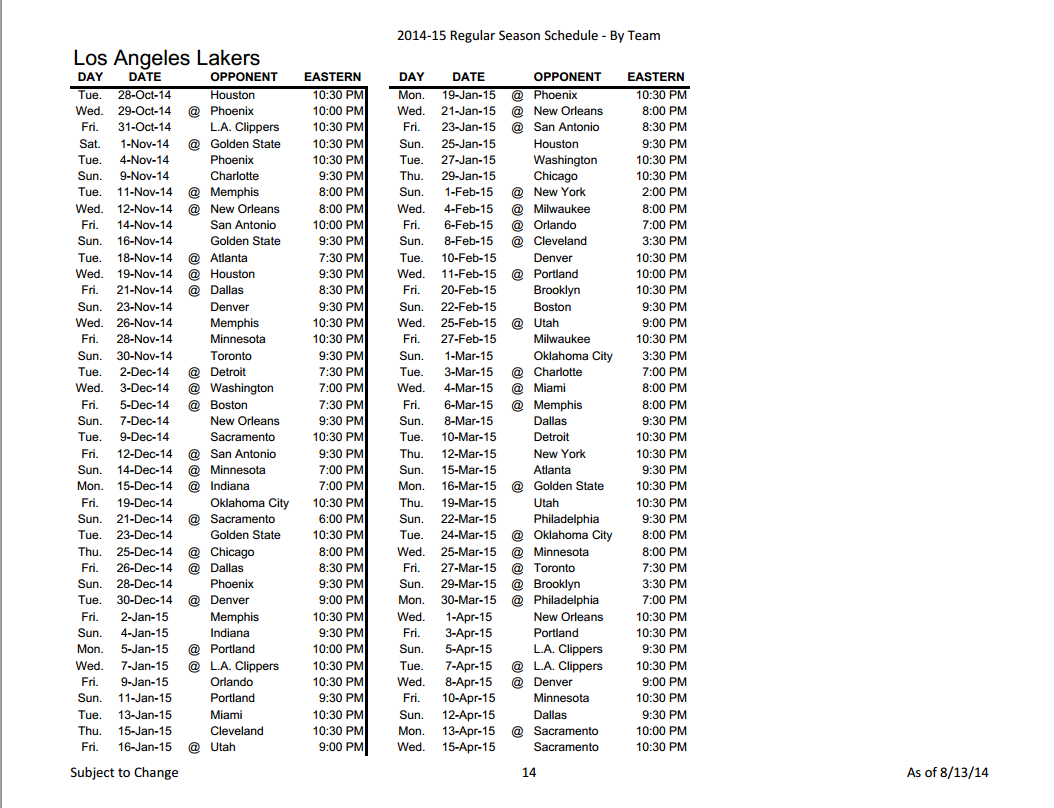 Lakers Secheduel 2015 Calendar Lakers 2014 15 Regular 