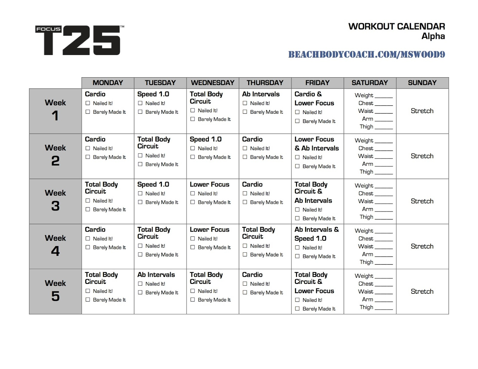 Michelle Is Living Well Focus T25 Workout Calendar
