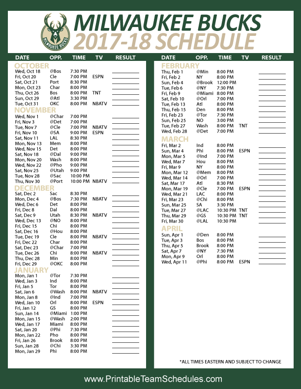 Milwaukee Bucks Schedule Printable PrintableTemplates