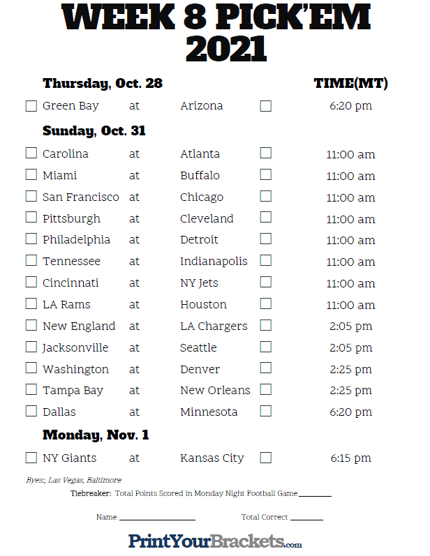 Mountain Time Week 8 NFL Schedule 2020 Printable