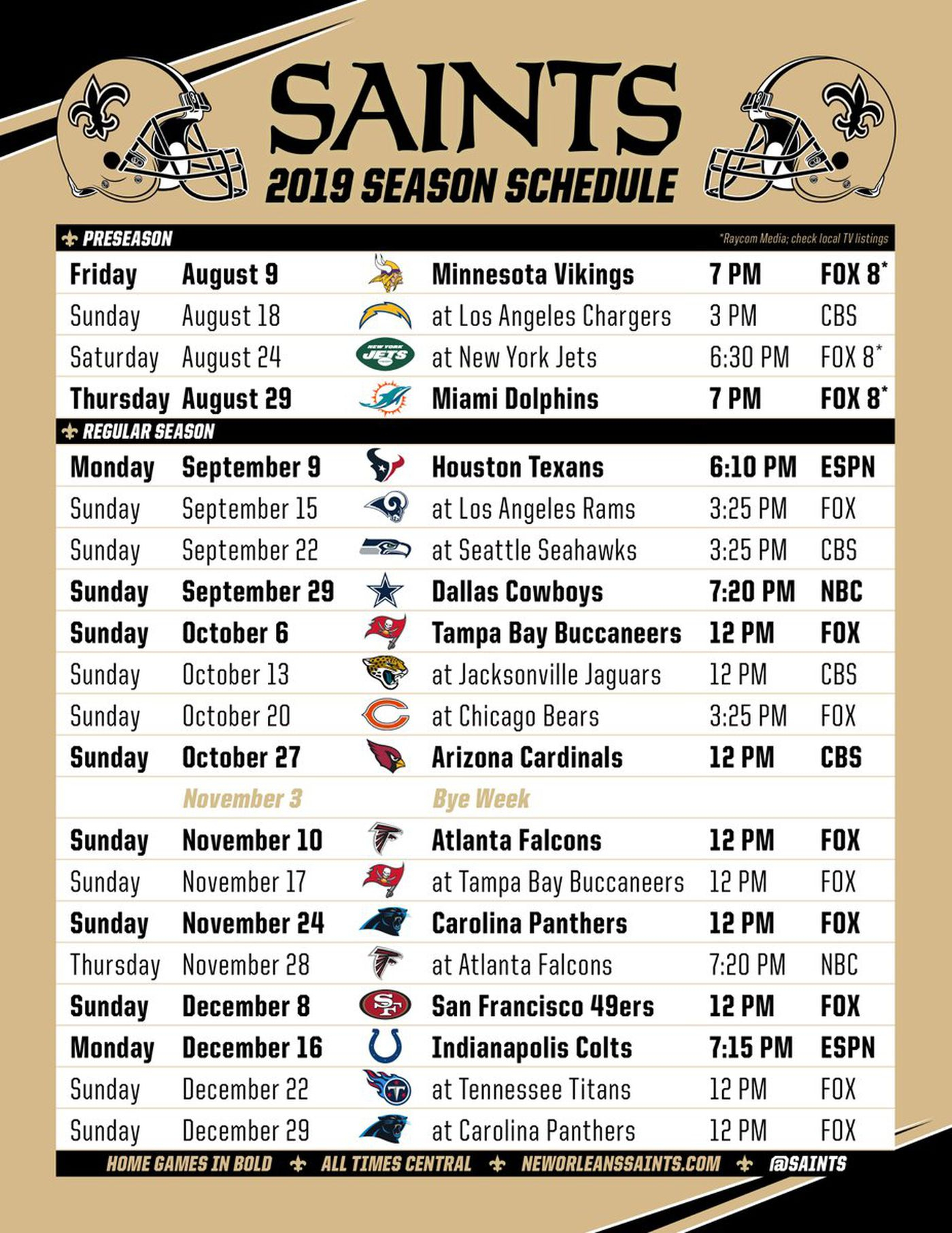 New Orleans Saints 2019 Schedule