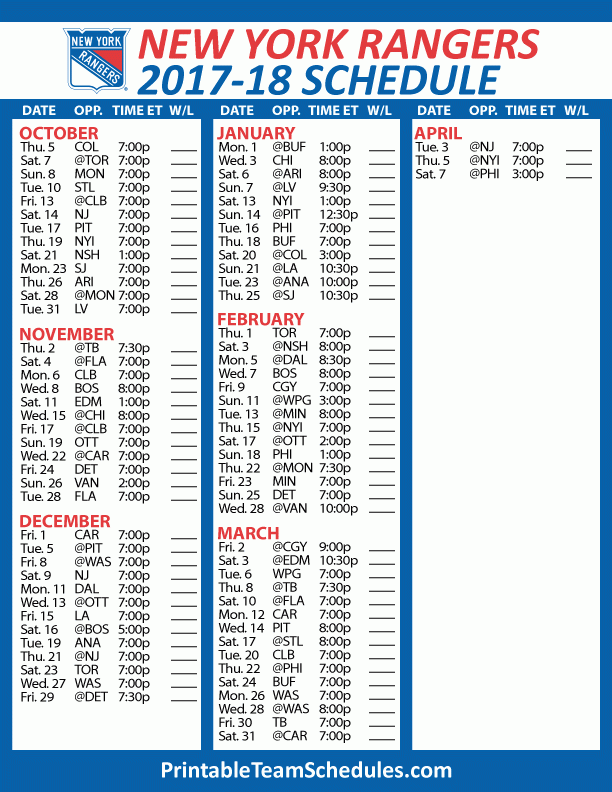 New York Rangers Printable Schedule 202122
