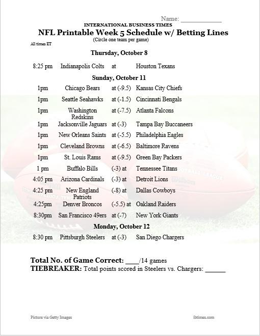 Printable Nfl Week 5 Schedule