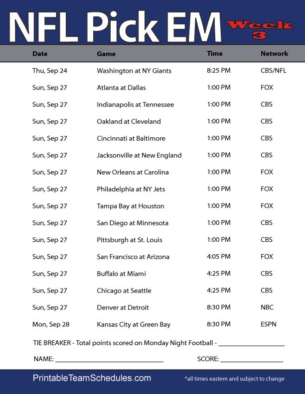 NFL Pick EM Week 3 Printer Friendly Nfl Week Nfl Nfl 