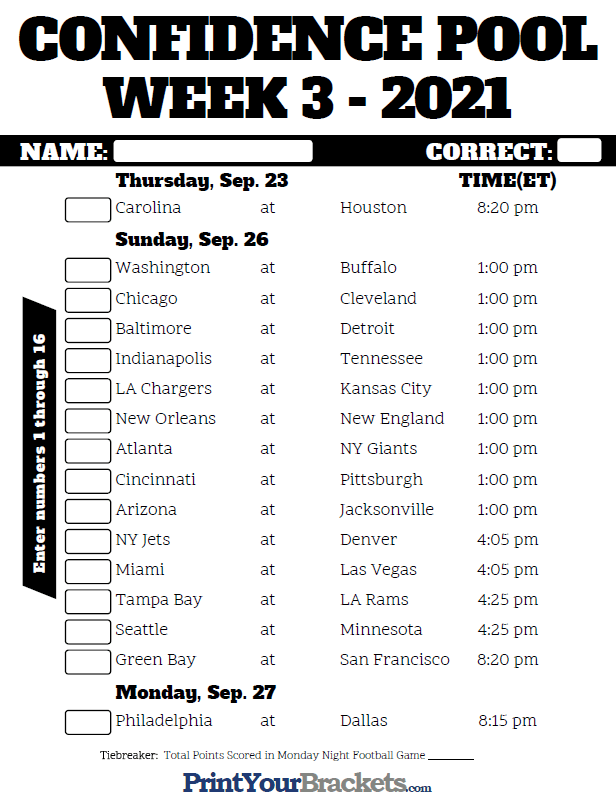 NFL Week 3 Confidence Pool Sheet 2020 Printable