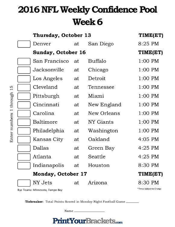 NFL Week 6 Confidence Pool Sheet Printable