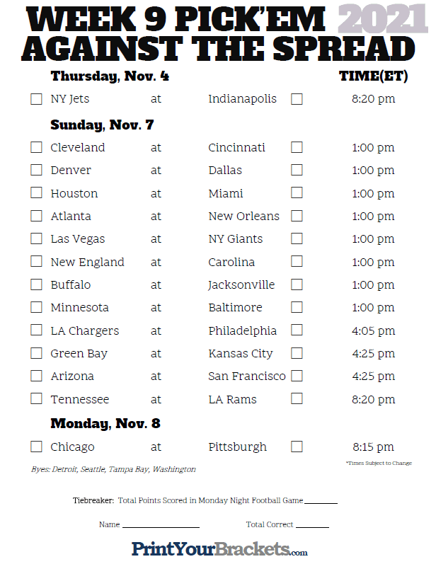 NFL Week 9 Pick em Against The Spread Sheets Printable