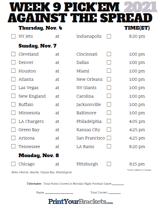 NFL Week 9 Pick Em Against The Spread Sheets Printable