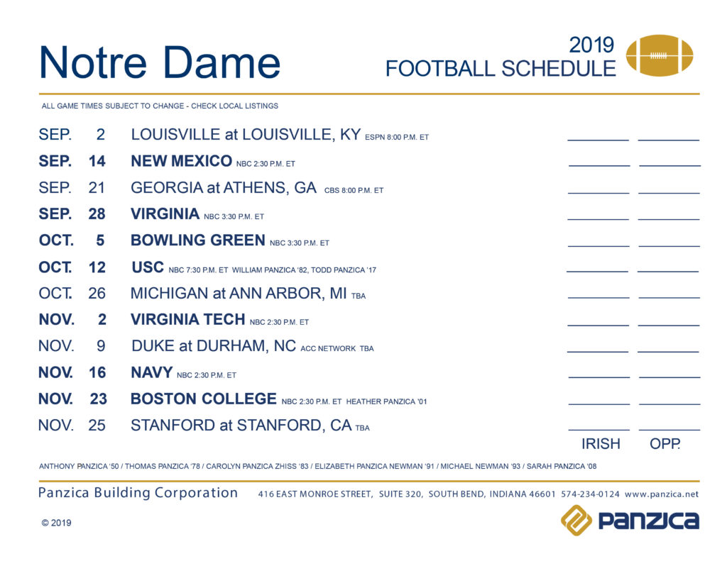 Notre Dame Football Schedule Panzica Building Corporation