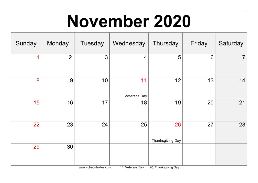 November 2020 Printable Calendar Editable Templates PDF