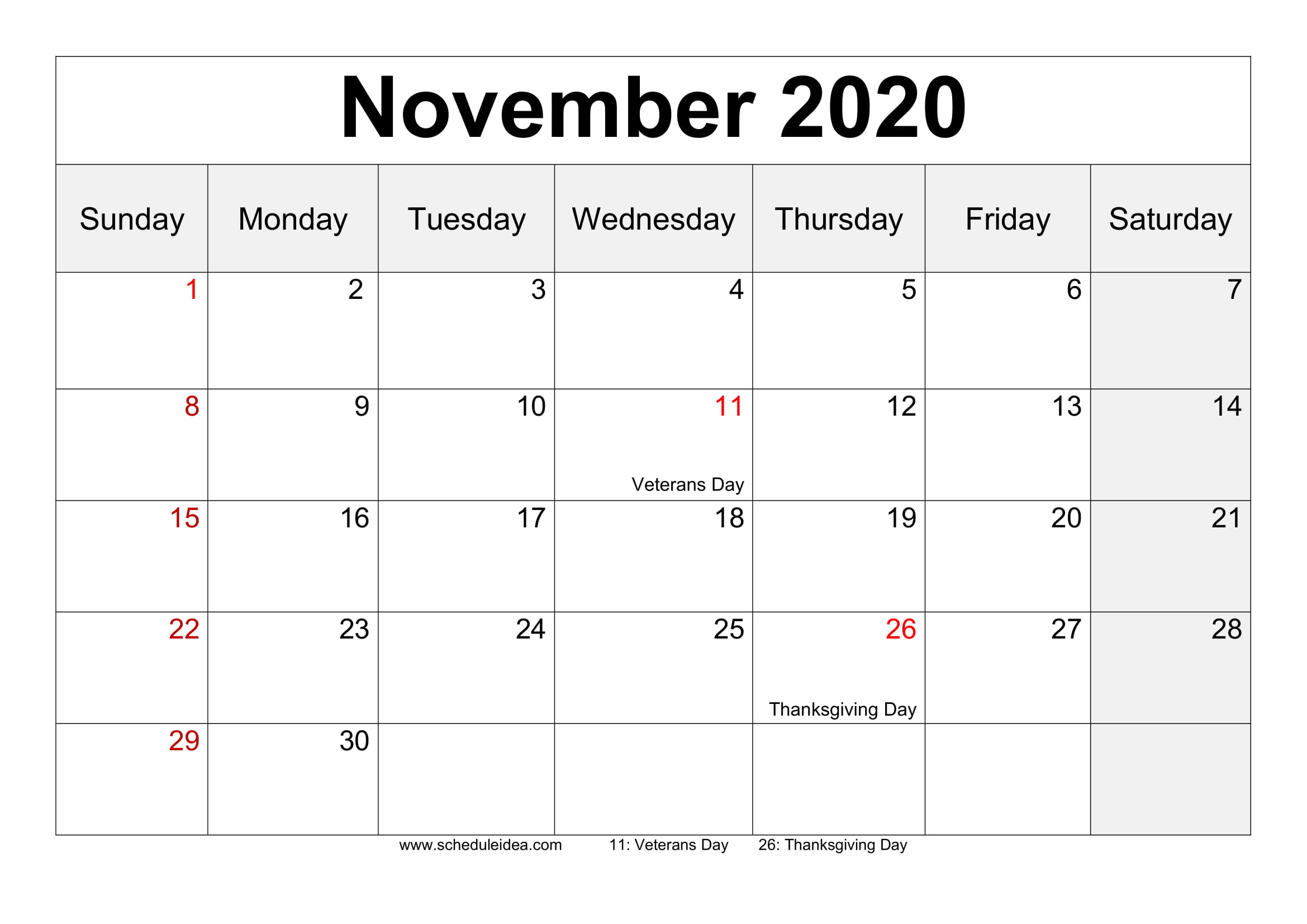 November 2020 Printable Calendar Editable Templates PDF 