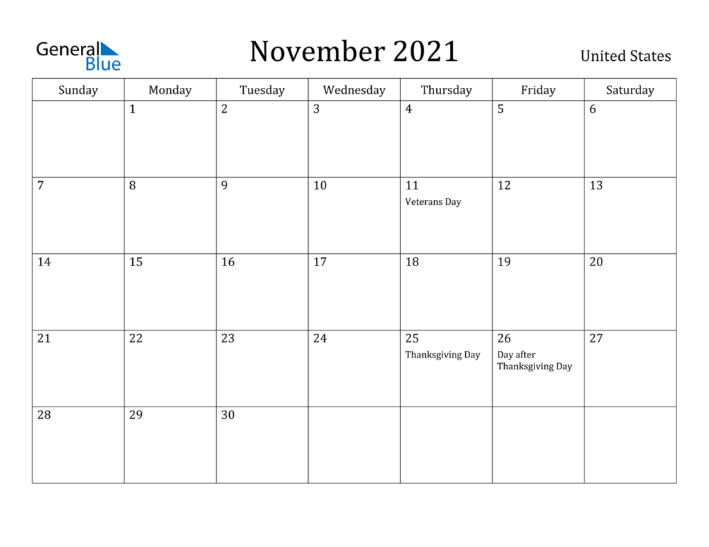 November 2021 Calendar With Holidays 2021 Printable