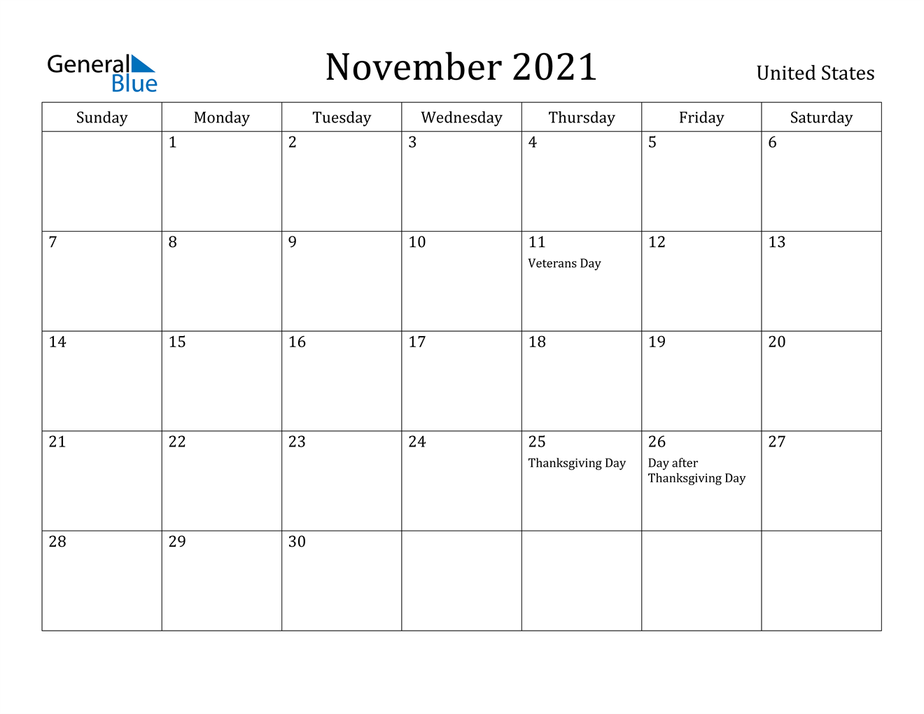 November 2021 Calendar With Holidays 2021 Printable 