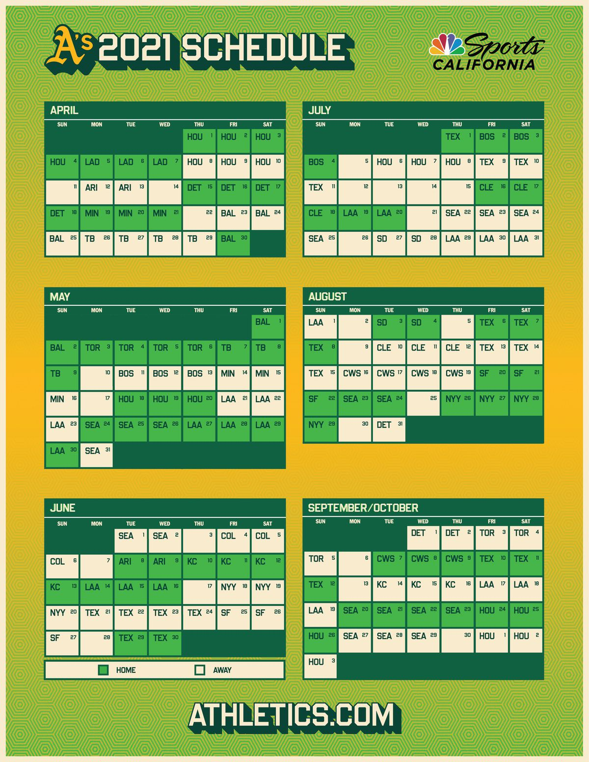 Oakland A's 2021 Printable Schedule