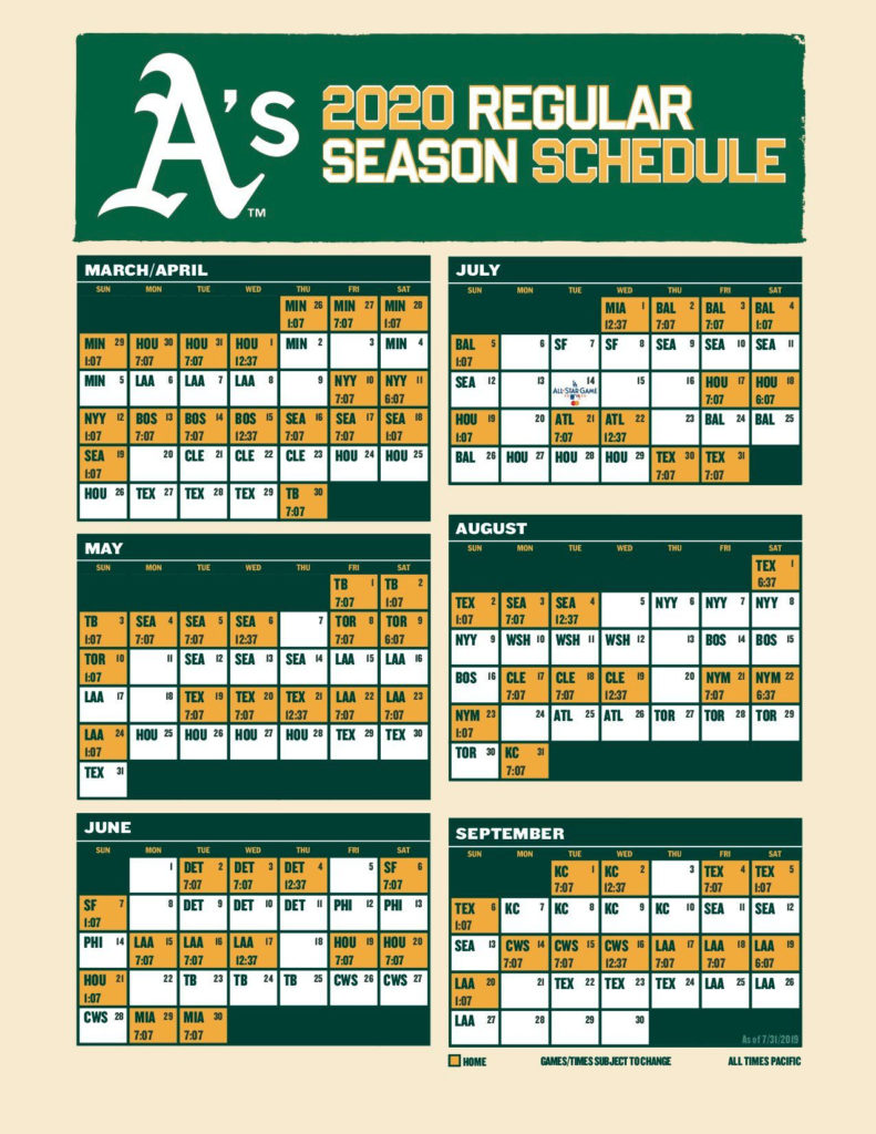 Oakland A's Printable Schedule