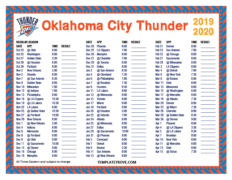 Okc Thunder Schedule 2019 20 Printable TUTORE ORG 