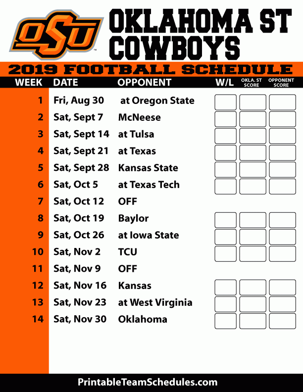 Oklahoma State Football Schedule 2019 Printable TUTORE