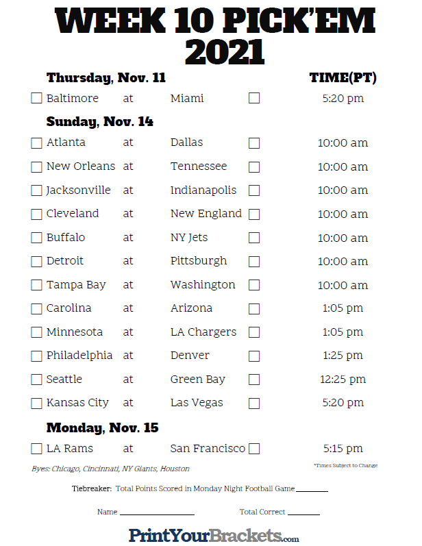 Pacific Time Week 10 NFL Schedule 2020 Printable