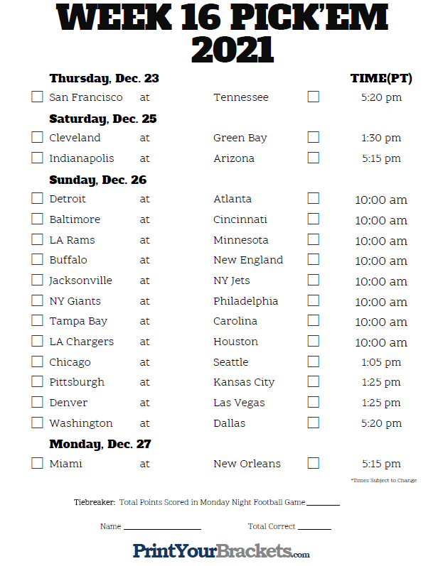 Pacific Time Week 16 NFL Schedule 2020 Printable