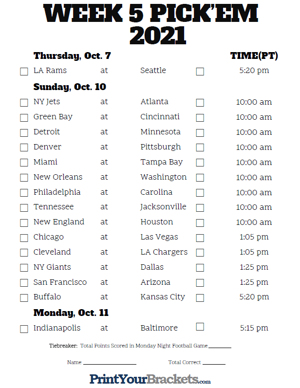 Pacific Time Week 5 NFL Schedule 2020 Printable