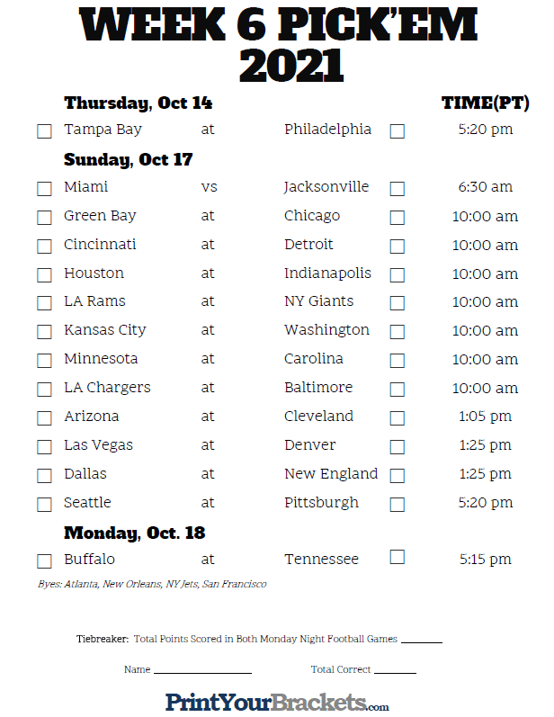 Pacific Time Week 6 NFL Schedule 2020 Printable