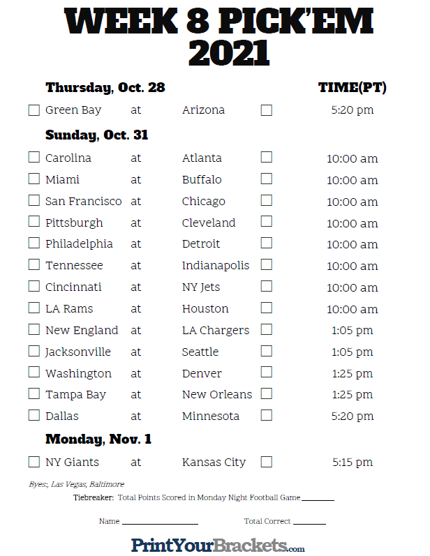 Pacific Time Week 8 NFL Schedule 2020 Printable