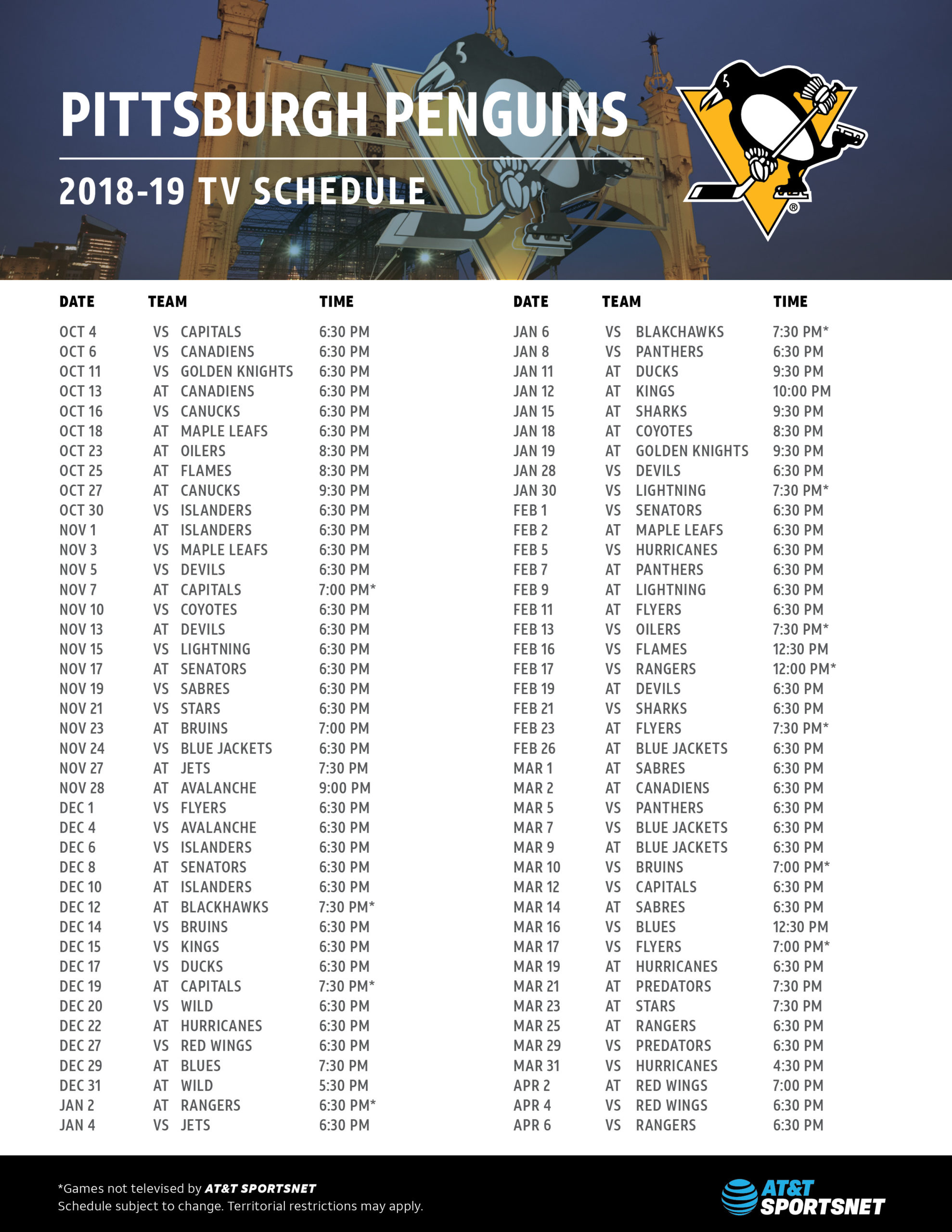 Penguins Schedule AT T