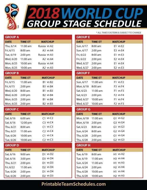 World Cup Printable Schedule Eastern Time