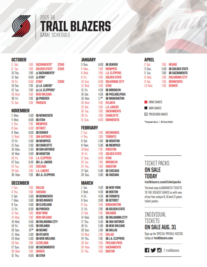 Printable Trailblazer Schedule