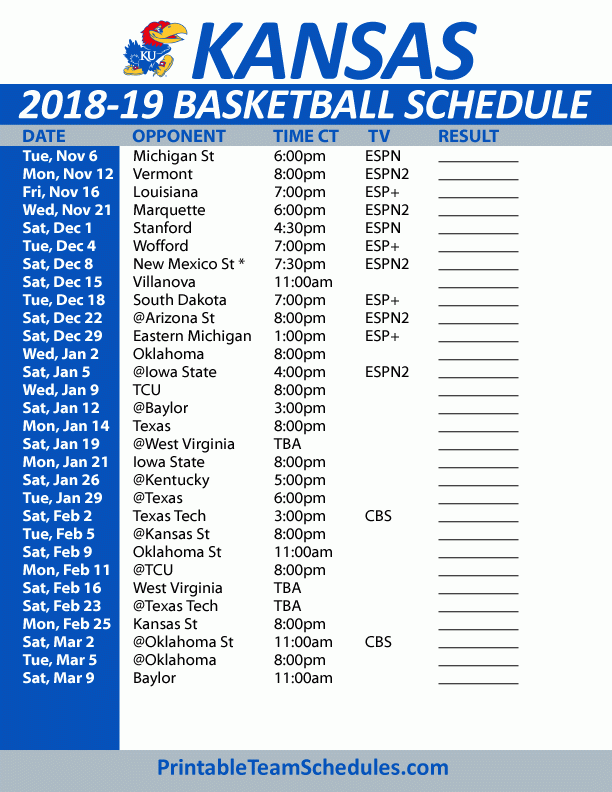 Printable Ku Men's Basketball Schedule