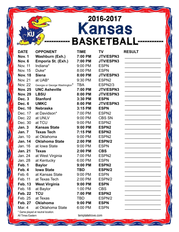Printable 2016 2017 Kansas Jayhawks Basketball Schedule 