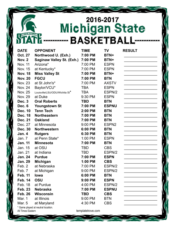 Printable 2016 2017 Michigan State Spartans Basketball 