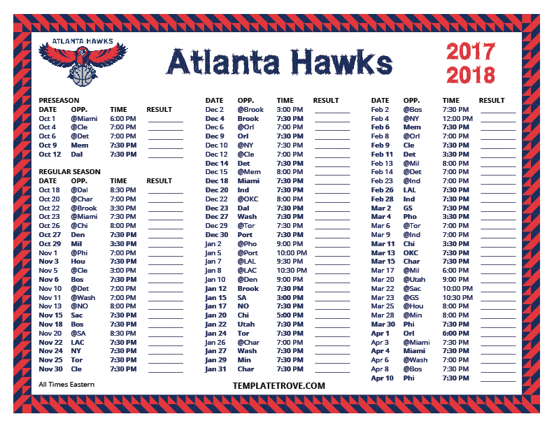 Printable 2017 2018 Atlanta Hawks Schedule