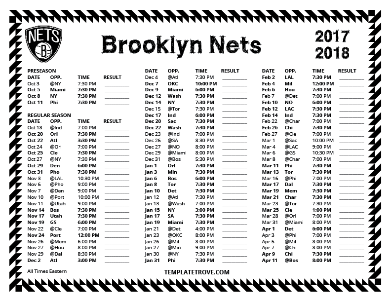 Printable 2017 2018 Brooklyn Nets Schedule