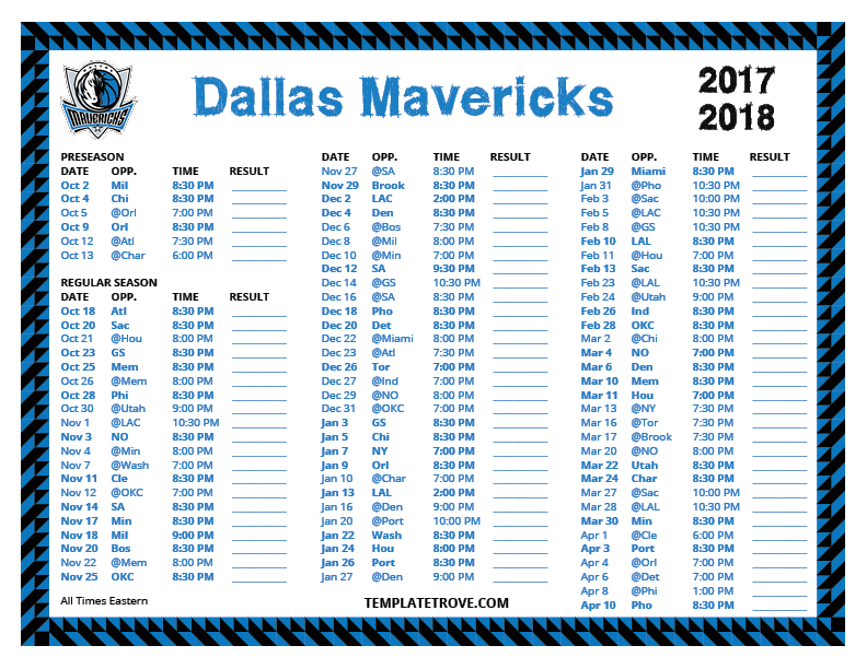 Printable 2017 2018 Dallas Mavericks Schedule