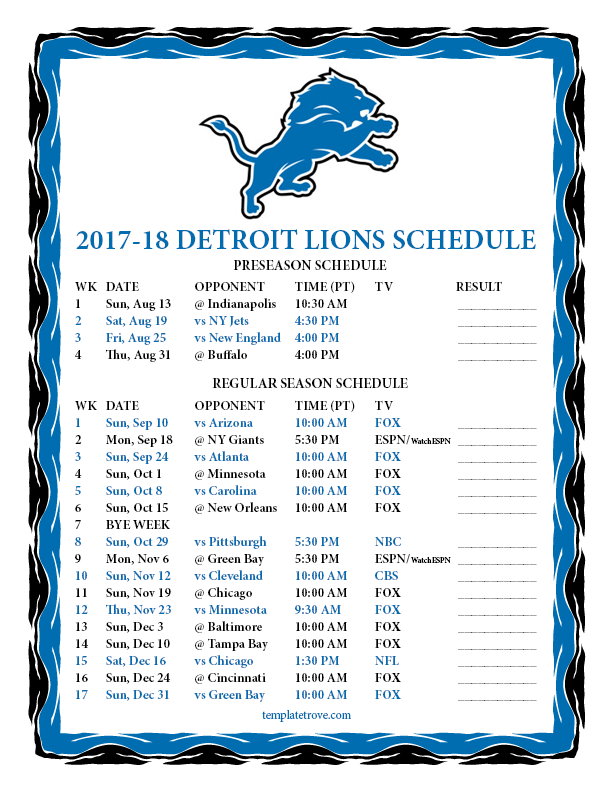 Printable 2017 2018 Detroit Lions Schedule