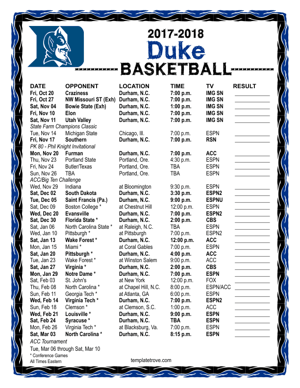 Printable 2017 2018 Duke Blue Devils Basketball Schedule