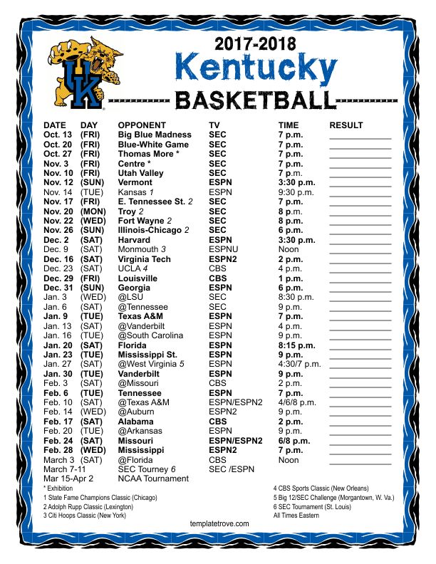 University Of Kentucky Printable Basketball Schedule FreePrintableTM