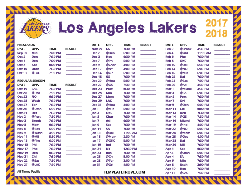 Printable Lakers Schedule