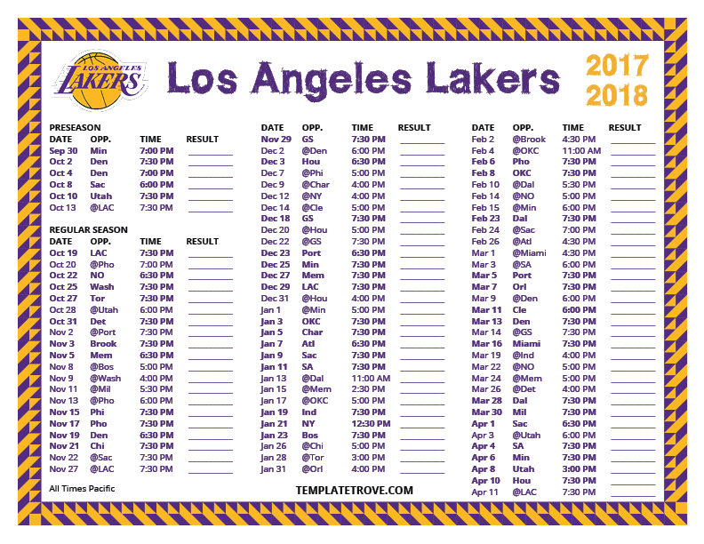 Printable 2017 2018 Los Angeles Lakers Schedule